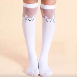 White Kids Knee-High Cat Face Socks